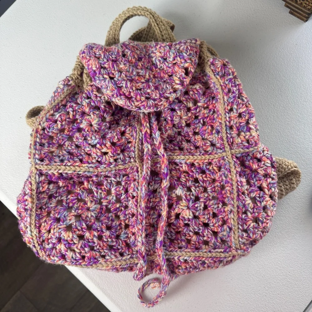 Boho Handmade Crochet Granny Square Drawstring Backpack‎ Bag Purse Pink Tan